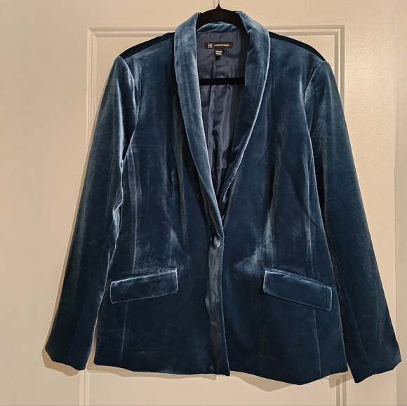 INC Velour Velvet Teal Blue Blazer Jacket Size Pet/Large - Picture 2 of 6